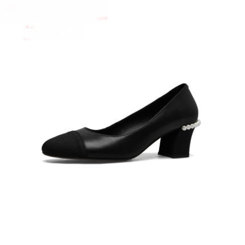 画像8: women's pearl round head single shoes ヒールパール付き本革レザーパンプス ミュール (8)