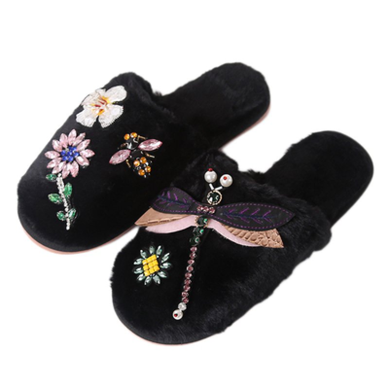 画像2: women's paragraph Baotou fur slippers  sandals ファービジュー&刺繍付きフラットサンダル ルームシューズ　室内履き (2)