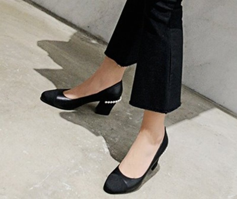 画像5: women's pearl round head single shoes ヒールパール付き本革レザーパンプス ミュール (5)