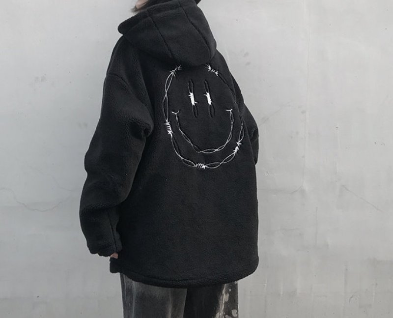 画像3:   Men's lamb wool coat jacket 　男女兼用ユニセックススマイル　ニコちゃんオーバーサイズコート　ジャケット (3)