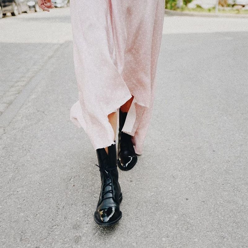 画像3:  women's  British wind with high-top flat boots 　レースアップレザー ブーツ　フラットブーツ (3)