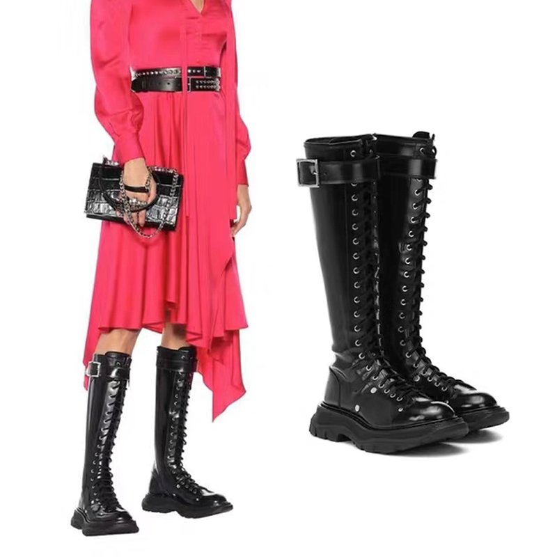 画像3:  women's Race up Long boots レースアップレザー 厚底ロングブーツ (3)
