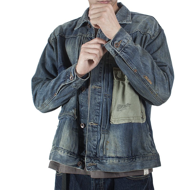 画像3:   Men's washed old military wind tooling denim jacket coat  wash short denim jacket 　男女兼用ユニセックスデニムジャケットGジャン (3)