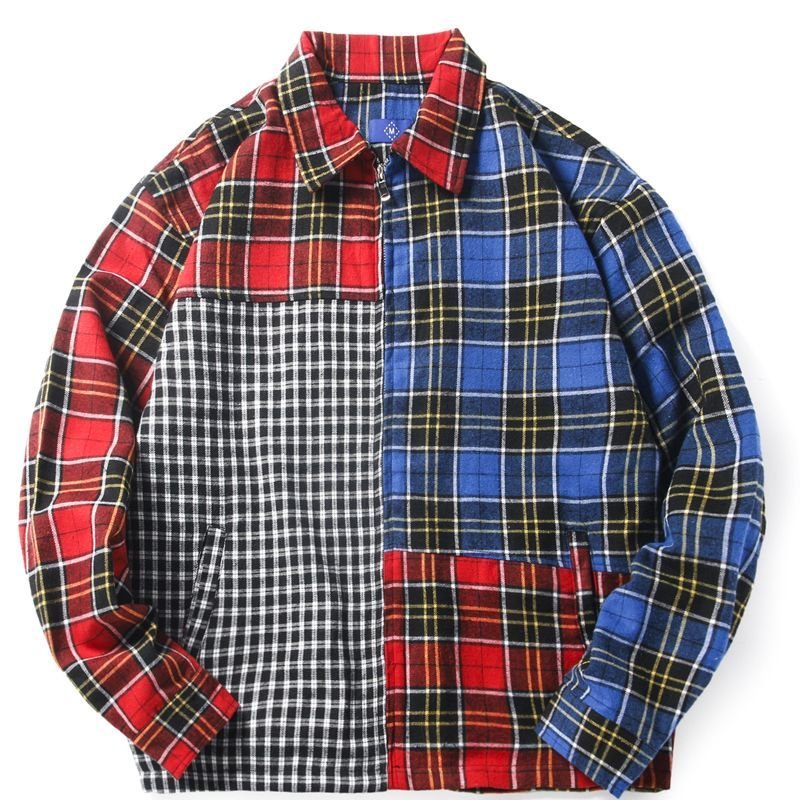 画像1:   Men's contrast color plaid zipper shirt jacket men and women 男女兼用ユニセックス チェック柄ジッパーシャツ　ジャケット　ブルゾン (1)
