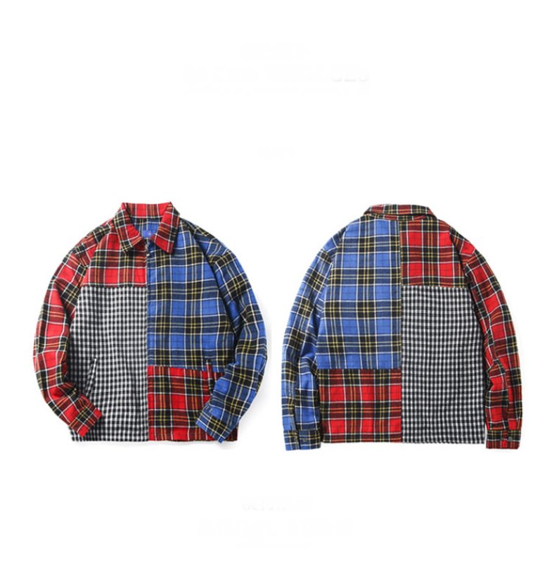 画像3:   Men's contrast color plaid zipper shirt jacket men and women 男女兼用ユニセックス チェック柄ジッパーシャツ　ジャケット　ブルゾン (3)