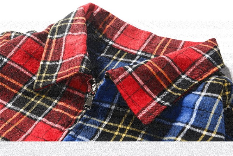 画像4:   Men's contrast color plaid zipper shirt jacket men and women 男女兼用ユニセックス チェック柄ジッパーシャツ　ジャケット　ブルゾン (4)