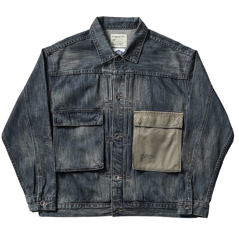 画像4:   Men's washed old military wind tooling denim jacket coat  wash short denim jacket 　男女兼用ユニセックスデニムジャケットGジャン (4)