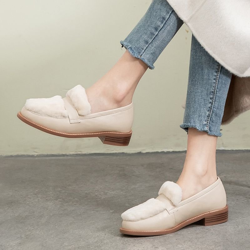 画像7: women's Flat loafers with leather sheepskin fur  shoes　本革レザー＆シープスキンファー付きローファー パンプス (7)