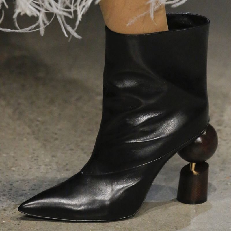 画像3:  women's leather high-heeled pointed sheepskin shaped with a pedal ankle boots キャットウォーク変形ヒールショートブーツシングルブーツアンクルブーティブーツ 　ショートブーツ   (3)
