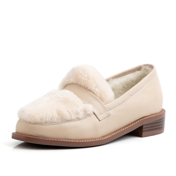 画像1: women's Flat loafers with leather sheepskin fur  shoes　本革レザー＆シープスキンファー付きローファー パンプス (1)