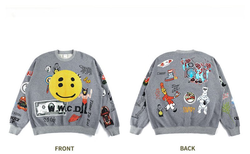 画像4: men's  high street smiley face  round neck pullover sweater sweatshirt　ユニセッ クス男女兼用 マイル&コミックプリントスウェットトレーナー　プルオーバ (4)