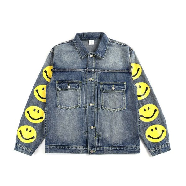 画像1:   Men's  washed embroidered smiley denim clothingdenim  jacket 　スマイル＆刺繍付きデニムジャケットGジャン　ジャンバー　ブルゾン　ジャケット (1)