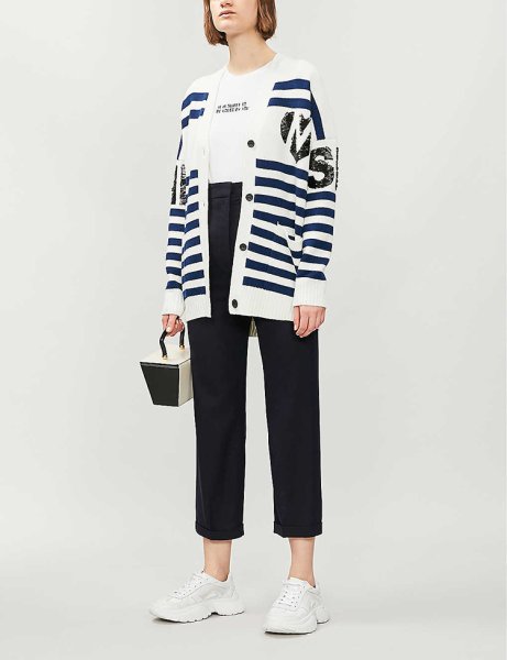 画像1: Women's  V-neck single-breasted striped sequined letter knit cardigan sweater    Vネックボーダー＆スパンコールロゴ長袖カーディガン セータープルオーバー　 (1)