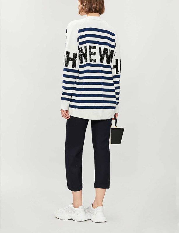 画像3: Women's  V-neck single-breasted striped sequined letter knit cardigan sweater    Vネックボーダー&スパンコールロゴ長袖カーディガン セータープルオーバー  (3)