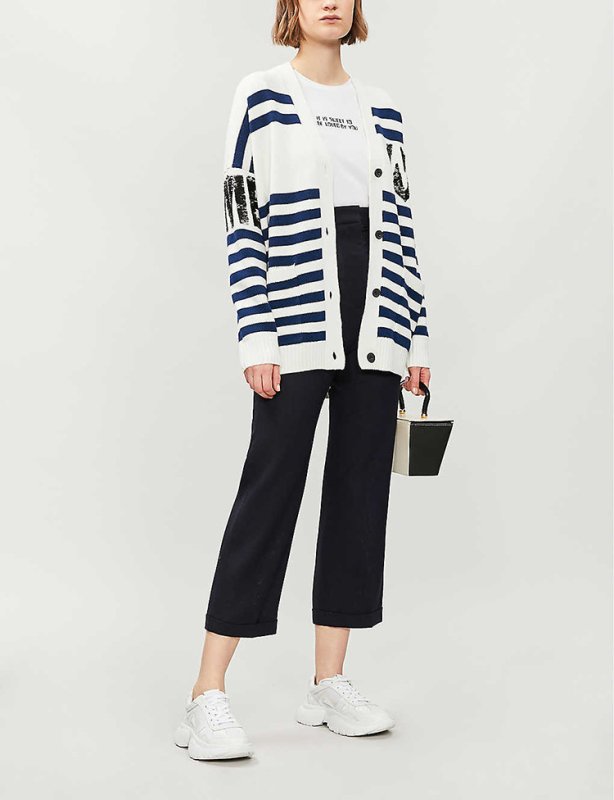 画像2: Women's  V-neck single-breasted striped sequined letter knit cardigan sweater    Vネックボーダー&スパンコールロゴ長袖カーディガン セータープルオーバー  (2)
