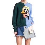 画像1: Women's  sweater  irregular design dog cartoon pattern round neck pullover blue green color matching sweater　イレギュラー変形ドック柄長袖セーター プルオーバー　 (1)