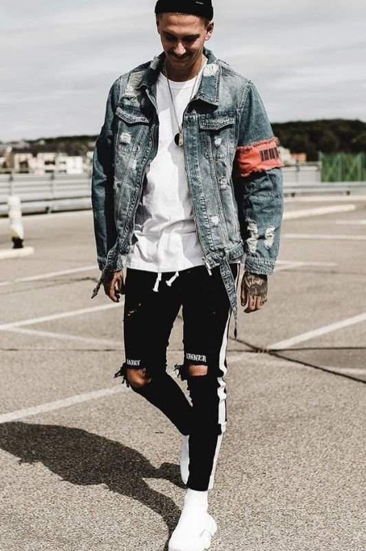 画像3: men's wash old loose hole denim jacketj blouson ユニセッ クス男女兼用デニムダメージジップアップGジャン ジャケットブルゾン (3)