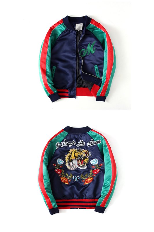 画像2: men's Yokosuka Tiger Flower Embroidery Baseball Jacket blouson　ユニセッ クス男女兼用タイガー＆フラワー刺繍スカジャン スタジャン ジャケット (2)