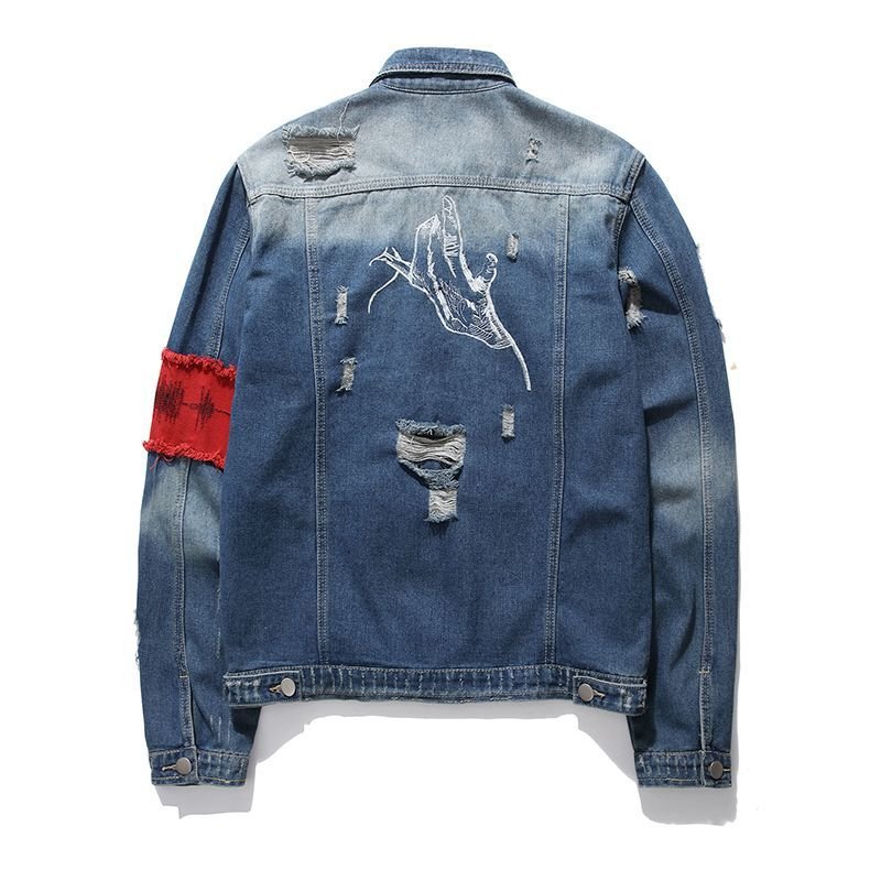 画像2: men's wash old loose hole denim jacketj blouson ユニセッ クス男女兼用デニムダメージジップアップGジャン ジャケットブルゾン (2)
