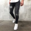 画像3:  Men's Hole Denim Checkerboard  trousers casual pantsメンズチェッカーボードデニムカジュアルパンツ  (3)