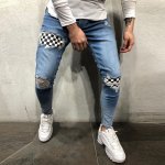 画像6:  Men's Hole Denim Checkerboard  trousers casual pantsメンズチェッカーボードデニムカジュアルパンツ  (6)