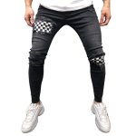 画像4:  Men's Hole Denim Checkerboard  trousers casual pantsメンズチェッカーボードデニムカジュアルパンツ  (4)