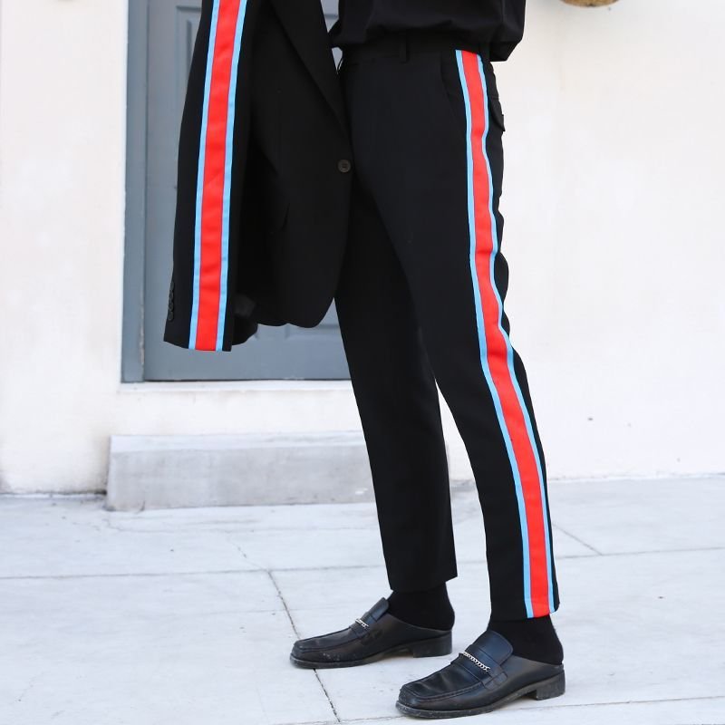 画像3:  Men's side webbing straight slim casual pants  trousers メンズサイドステッチラインパンツ カジュアルパンツ  (3)