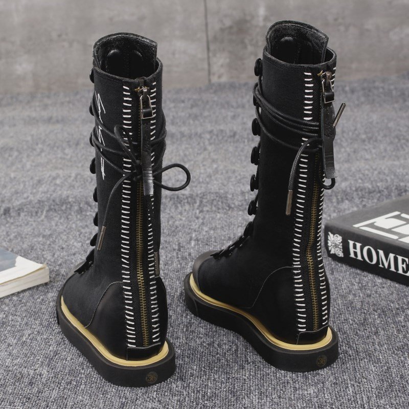 画像5:  women's  British style flat laced  middle boots フラットレースアップレザージップブーツ  (5)