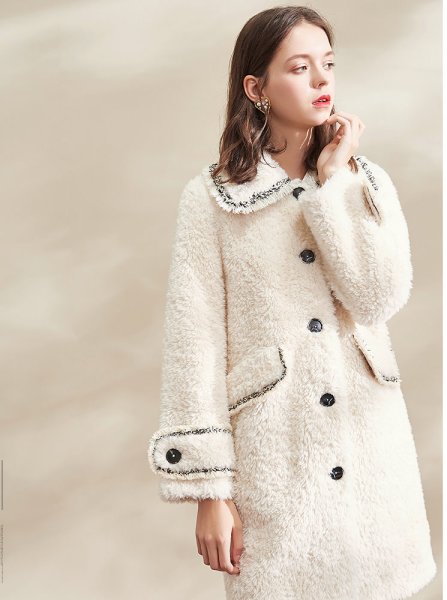 画像1: Women's Tweed Trimming Teddy Bear Fur Coat ツイードトリミング テディベア オーバーサイズ リアルシープファーコート (1)