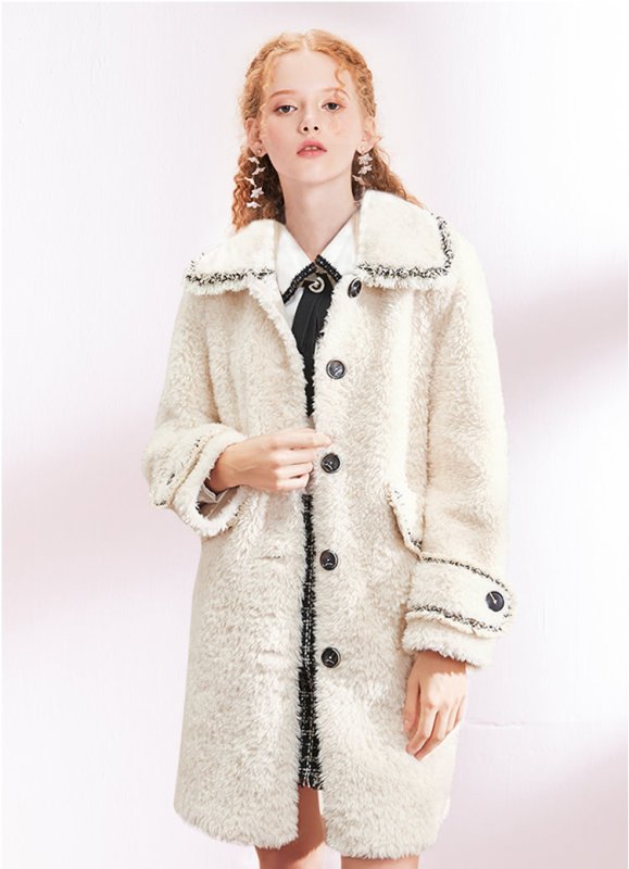 画像3: Women's Tweed Trimming Teddy Bear Fur Coat ツイードトリミング テディベア オーバーサイズ リアルシープファーコート (3)
