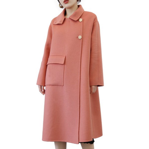 画像1: Women's Double-sided wool mid-length stand-up Coat スタンドアップカラーダブルブレストルーズコート (1)