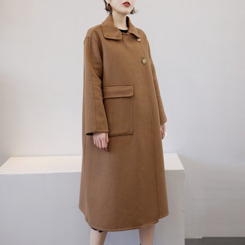 画像10: Women's Double-sided wool mid-length stand-up Coat スタンドアップカラーダブルブレストルーズコート (10)