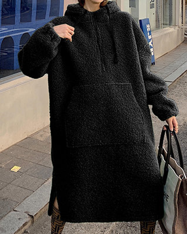 画像3:  Women's  long- Over Size Loose Hooded Sweater dress coat ひざ下ロング丈オーバーサイズフーディードレス　ワンピース　コート (3)