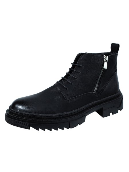 画像1: Men's British  leather zipper short boots  　メンズレザージップレースアップハイカット厚底ブーツ  　 (1)
