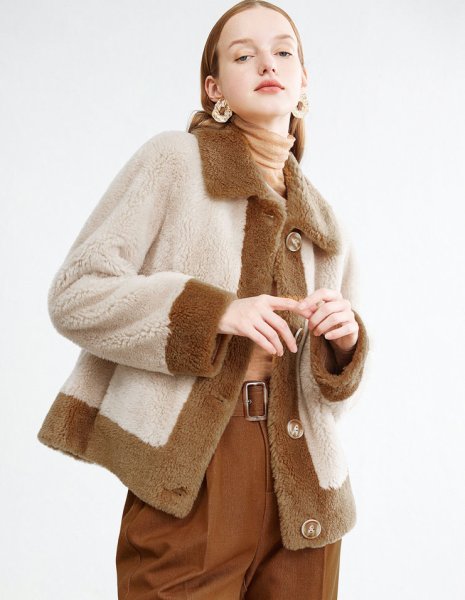 画像1: Women's  Contrast Grain Fleece Single-Breasted Short Coat Jacket Coat  バイカラーシープスキンハーフコート　ジャケット (1)
