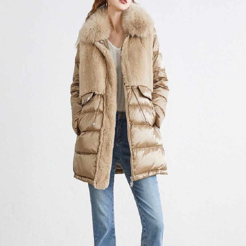 画像1: Women's Fur Collar Splicing Fake Two Slim Down Jacket Coat  ファーカラーリアルファーダウンコート　ジャケット (1)