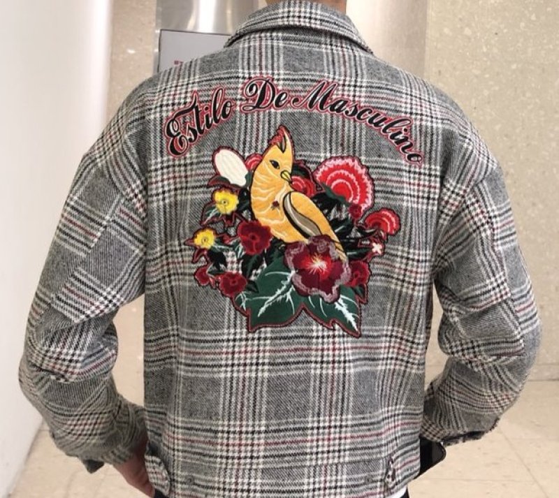 画像4: men's checked embroidered lapel short casual men's jacket 　バック刺繍チェックジャケットブルゾン　コート (4)