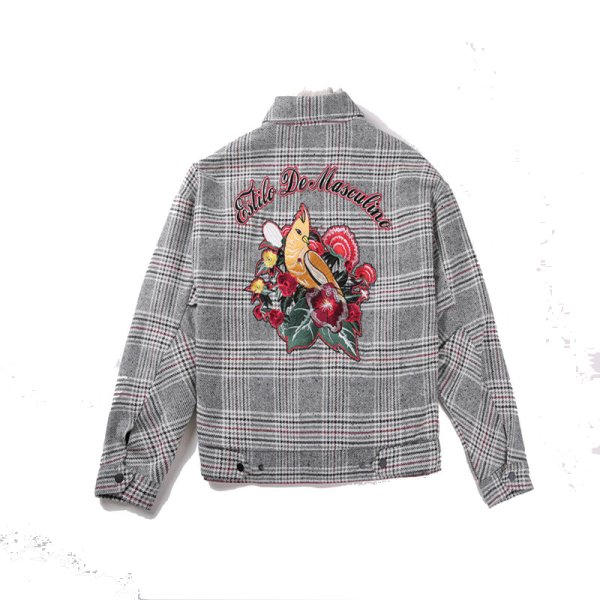 画像1: men's checked embroidered lapel short casual men's jacket 　バック刺繍チェックジャケットブルゾン　コート (1)