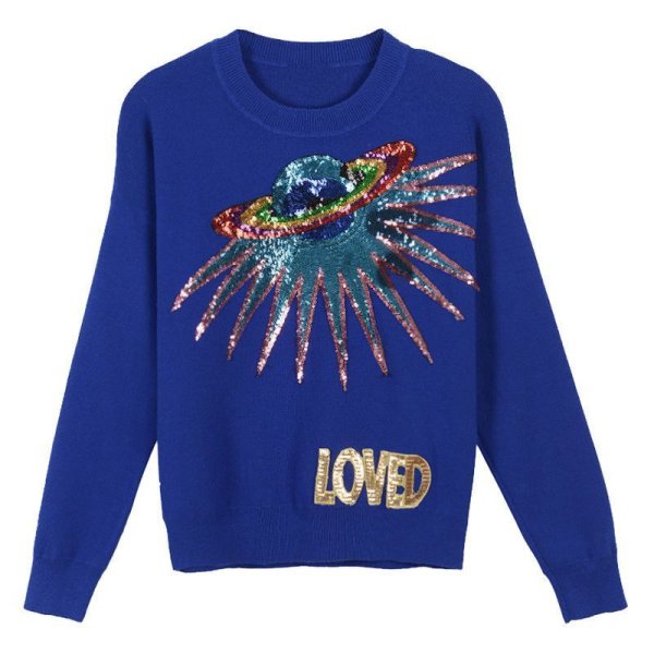画像1: Women's  planet sweater  pullover ラウンドネックススパンコールプラネット付きセーター プルオーバー　 (1)