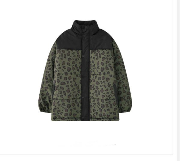 画像1: men's  green military style leopard camouflage coat stand collar men and women ユニセックス男女兼用レオパード豹柄ダウンコートジャケット (1)