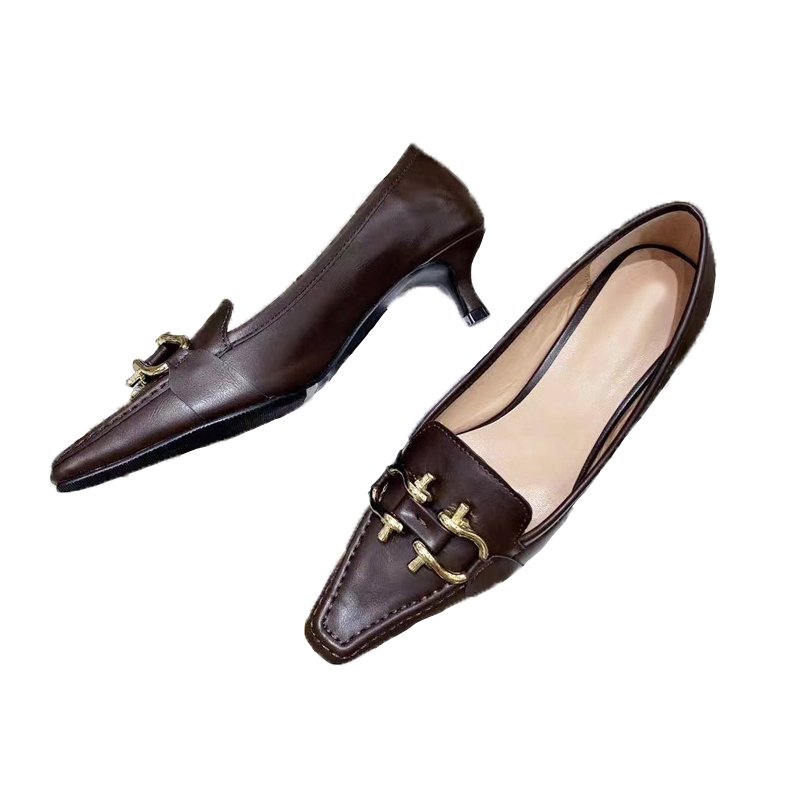 画像4: women's leather square head Heel with bracket pumps with hardwareloafers slip-ons  レザー金具付きヒールパンプス  (4)