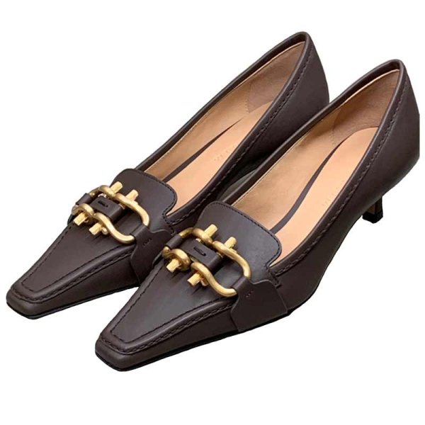 画像1: women's leather square head Heel with bracket pumps with hardwareloafers slip-ons  レザー金具付きヒールパンプス　 (1)