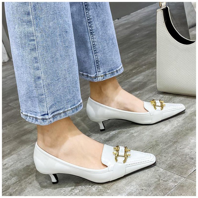 画像5: women's leather square head Heel with bracket pumps with hardwareloafers slip-ons  レザー金具付きヒールパンプス  (5)