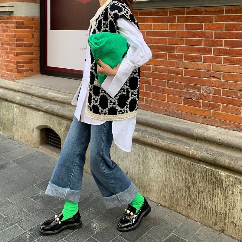 画像5: women's leather pearl patent leather pumps loafers slip-ons  パテントレザーエナメル厚底パール付きローファーパンプス　 (5)