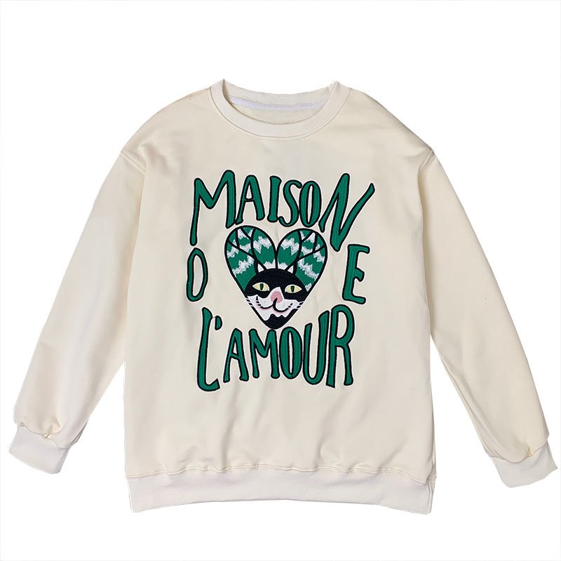 画像1:  men's men and women cat embroidery loose long sleeve sweater ユニセックス男女兼用キャット刺繍プルオーバ ートレーナー (1)
