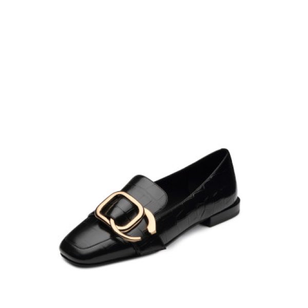 画像1: women's leather  low-heeled loafers square buckle  pumps loafers slip-ons  本革レザースクエアヘッドバックル付きローファーパンプス　 (1)