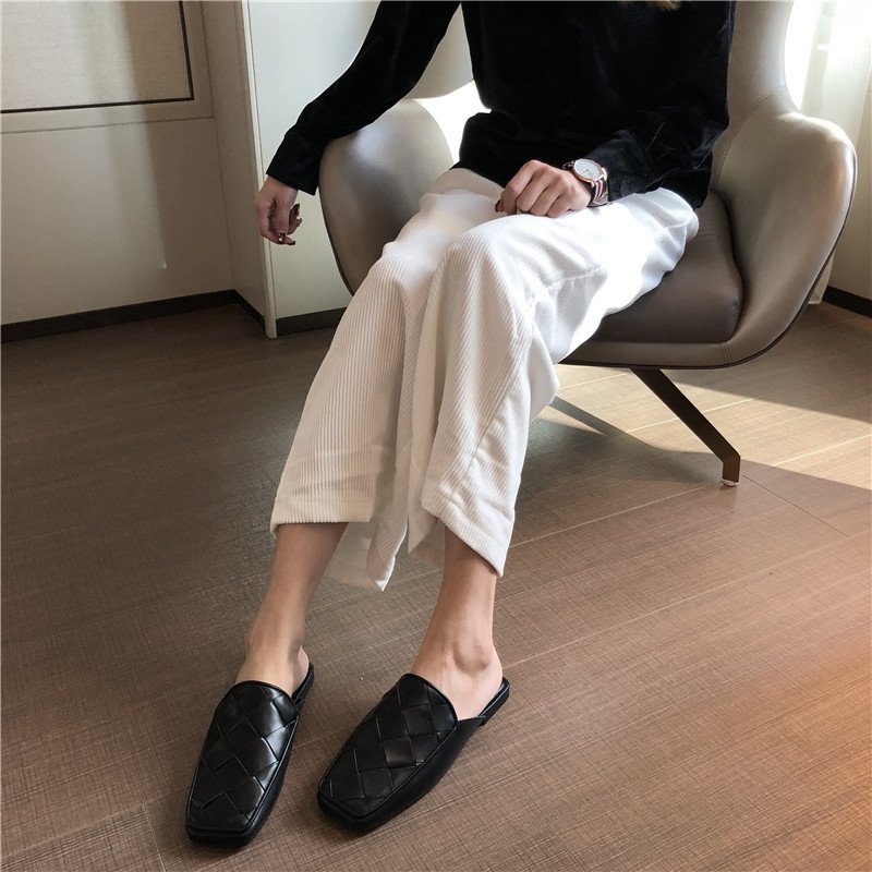 画像7: women's woven square head deep mouth wear slippers Muller shoesシンプルフラットメッシュハーフサンダルパンプス　ミュール (7)