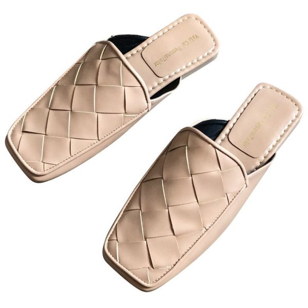 画像1: women's woven square head deep mouth wear slippers Muller shoesシンプルフラットメッシュハーフサンダルパンプス　ミュール (1)