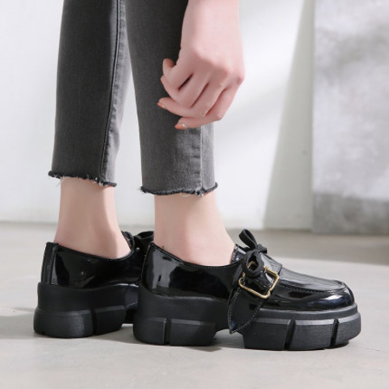 画像5:  women's Platform buckle belt enamel shoes  パテント エナメルレザー厚底バックルレースアップローファー スニーカー (5)