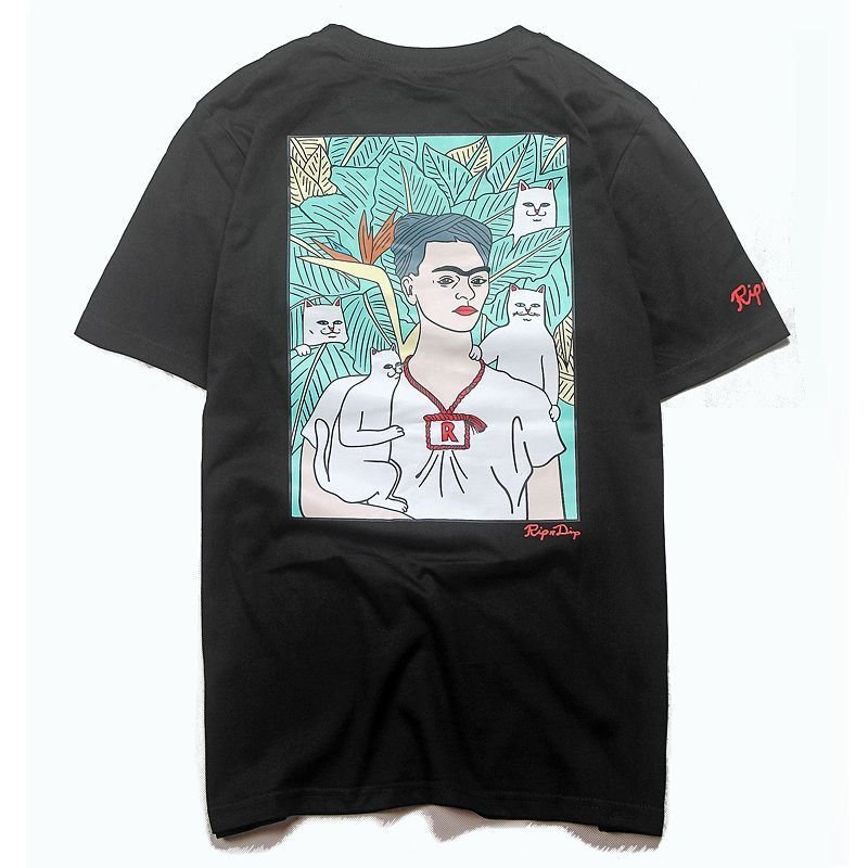 画像3:  men's men and women cat leaves print  loose  short sleeveT-shirt ユニセックス男女兼用半袖 猫　キャットプリントTシャツプルオーバ ー (3)